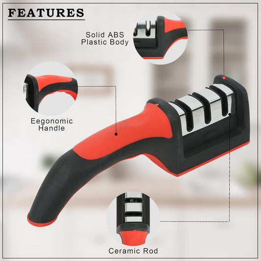 Kiyansh Enterprise 3 in 1 Knife Sharpener with Easy-Grip Handle and Non-Slip Rubber Base, 3-Stage Sharpening Tool forAll Types of Ceramic Knives and Steel Knives