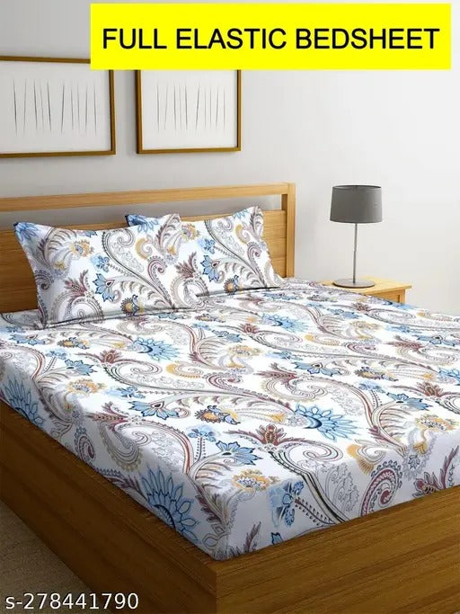 Super Soft Glace Cotton All Round Elastic Fitted Double Bed Bedsheet with 2 Pillow Covers-72x78x8